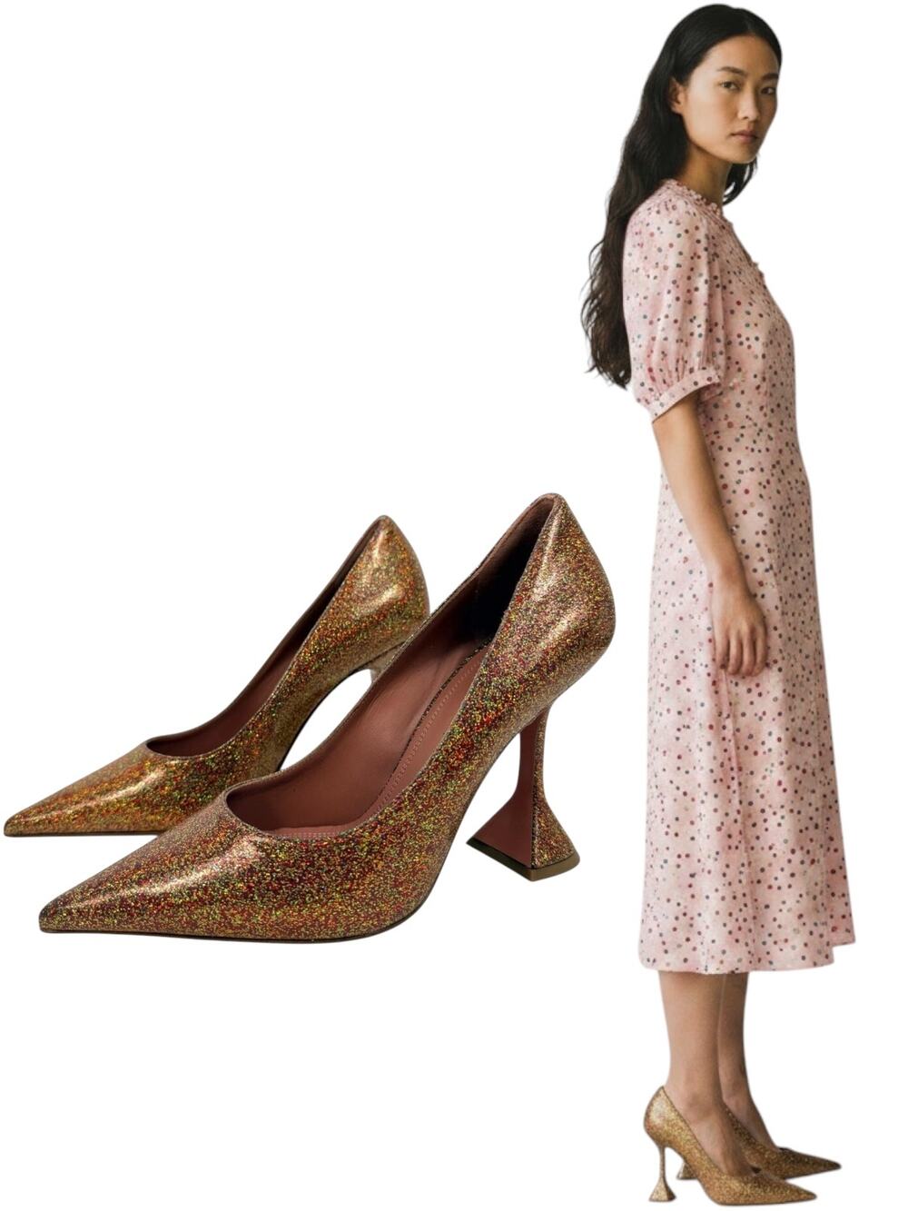 New Amina Muaddi Ami Sunkissed Glitter Pointed Toe Pumps Size 36.5
